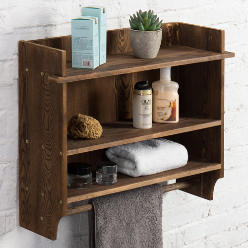 MyGift Solid Wood Wall Mounted Bathroom Shelves with Towel Bar ...